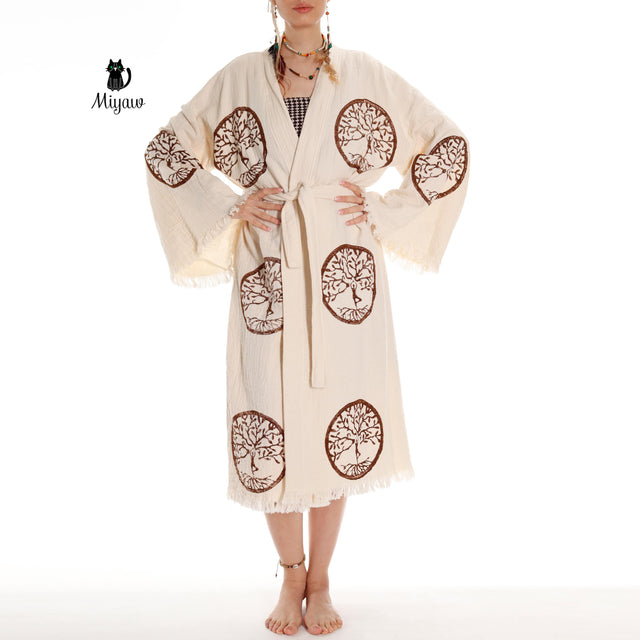 Brown Tree of Life Stamp Bathrobe - Boho Handcrafted Beach Kimono - Miyawfashion