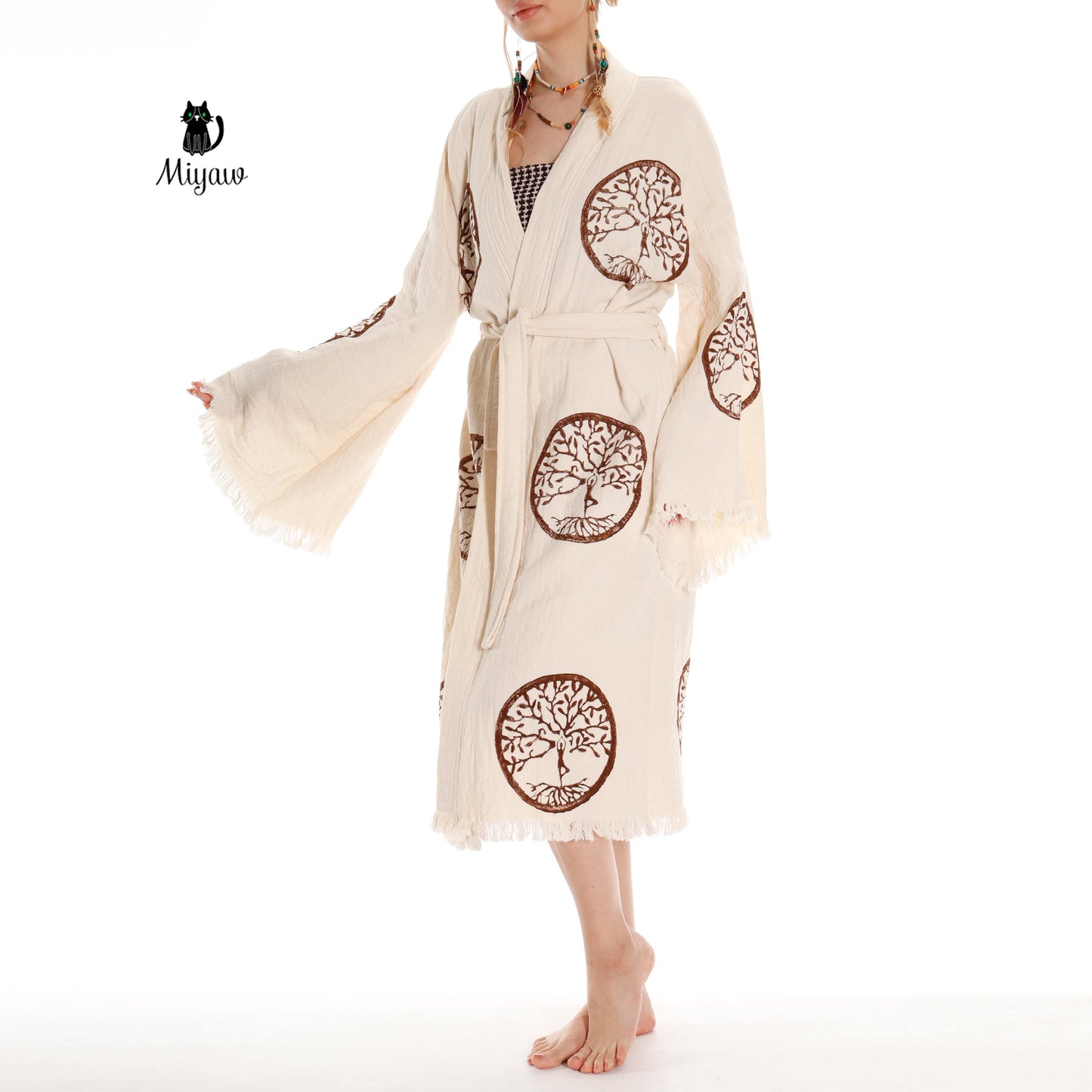 Brown Tree of Life Stamp Bathrobe - Boho Handcrafted Beach Kimono - Miyawfashion Miyawfashion