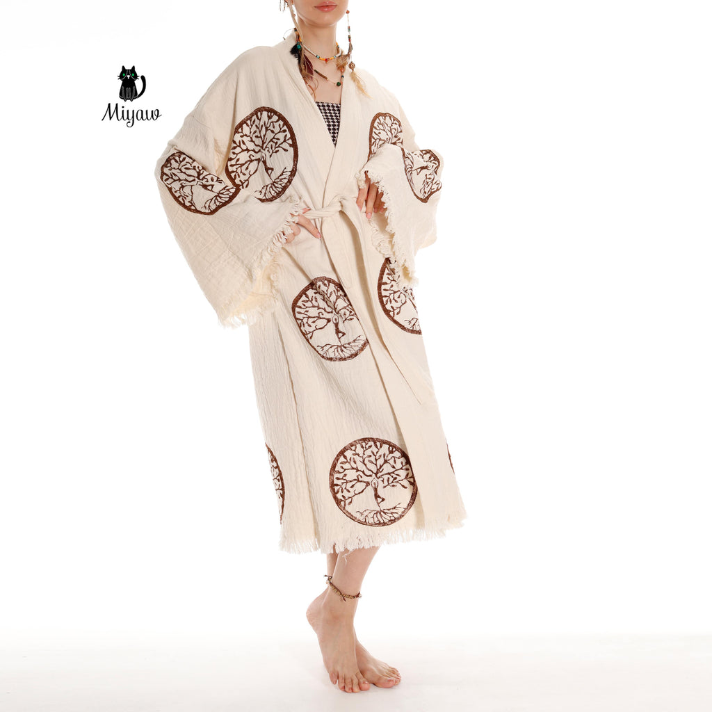 Brown Tree of Life Stamp Bathrobe - Boho Handcrafted Beach Kimono - Miyawfashion