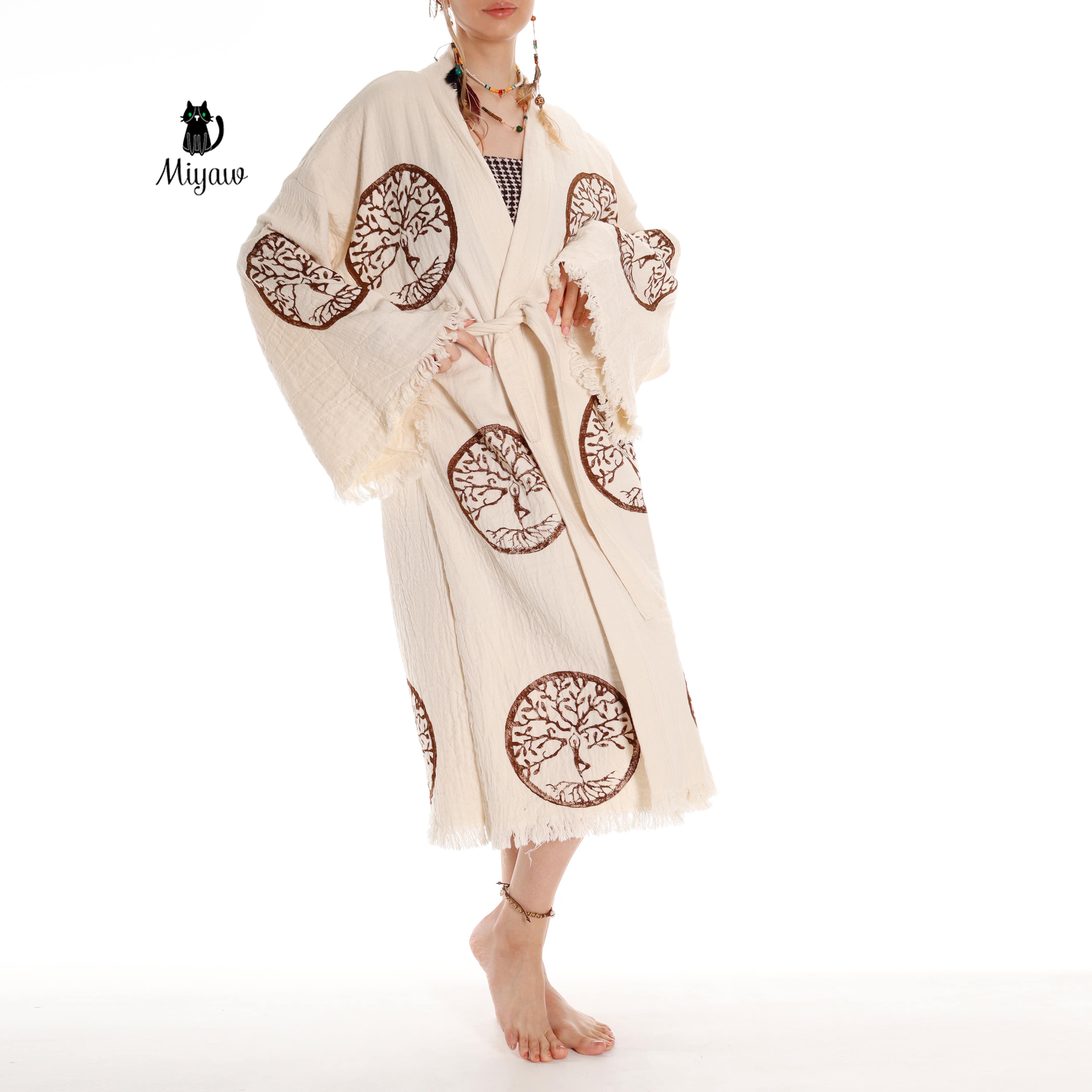 Brown Tree of Life Stamp Bathrobe - Boho Handcrafted Beach Kimono - Miyawfashion