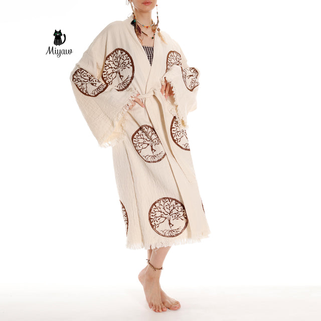 Brown Tree of Life Stamp Bathrobe - Boho Handcrafted Beach Kimono - Miyawfashion