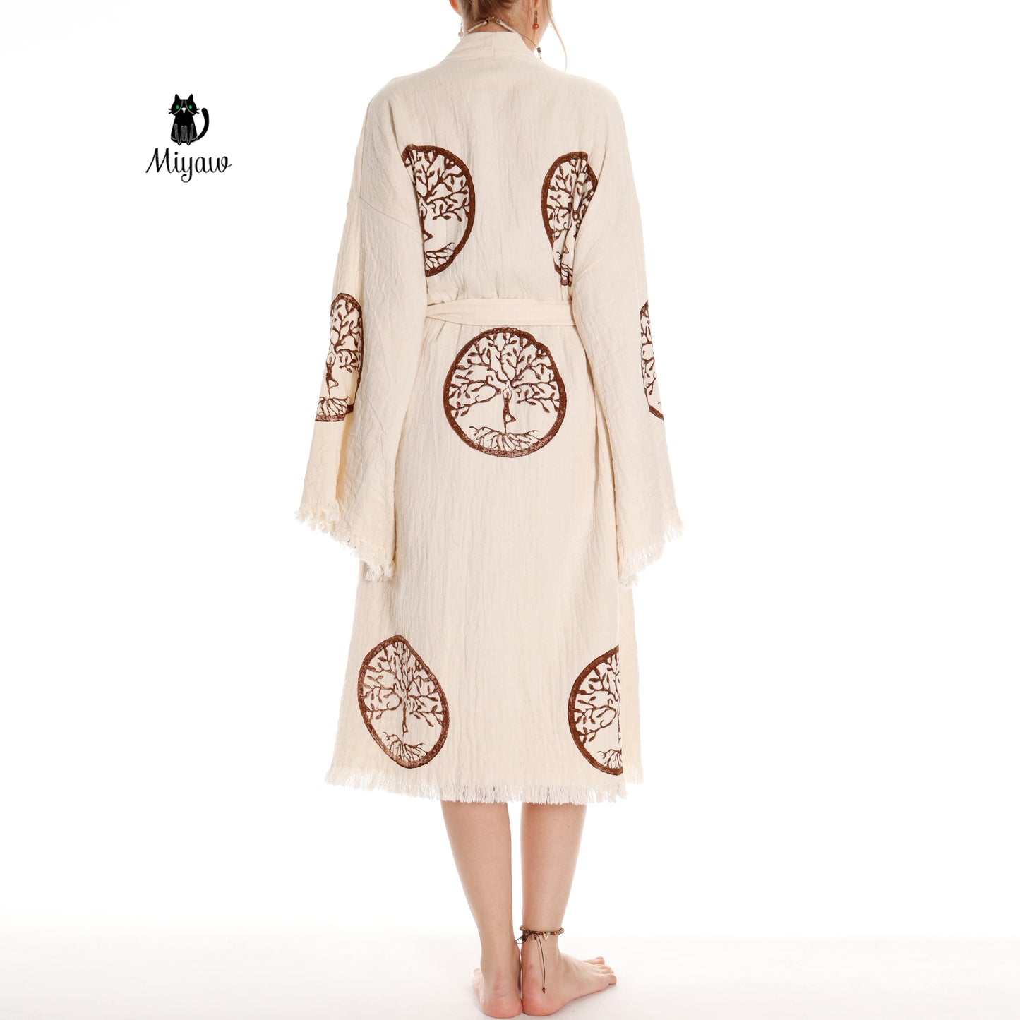 Brown Tree of Life Stamp Bathrobe - Boho Handcrafted Beach Kimono - Miyawfashion Miyawfashion