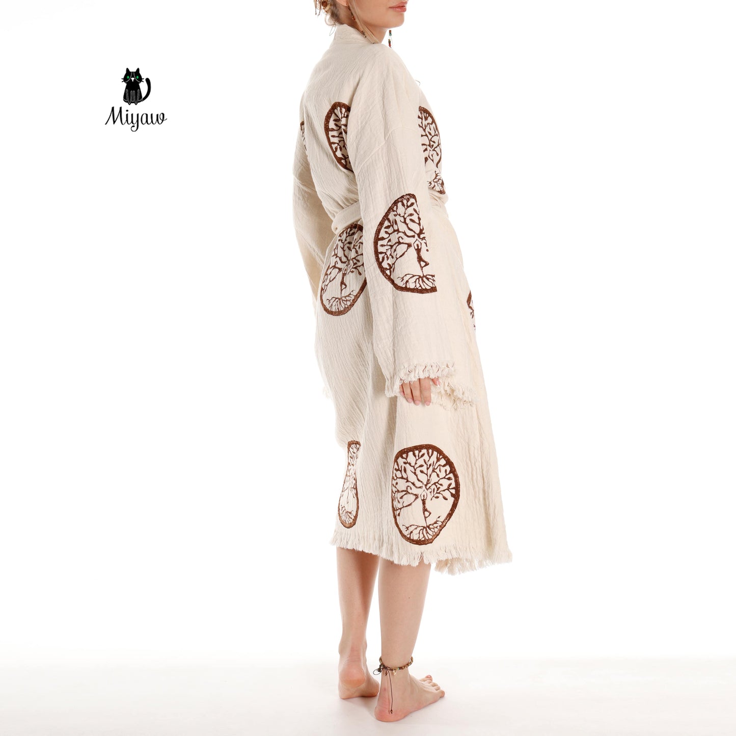 Brown Tree of Life Stamp Bathrobe - Boho Handcrafted Beach Kimono - Miyawfashion Miyawfashion