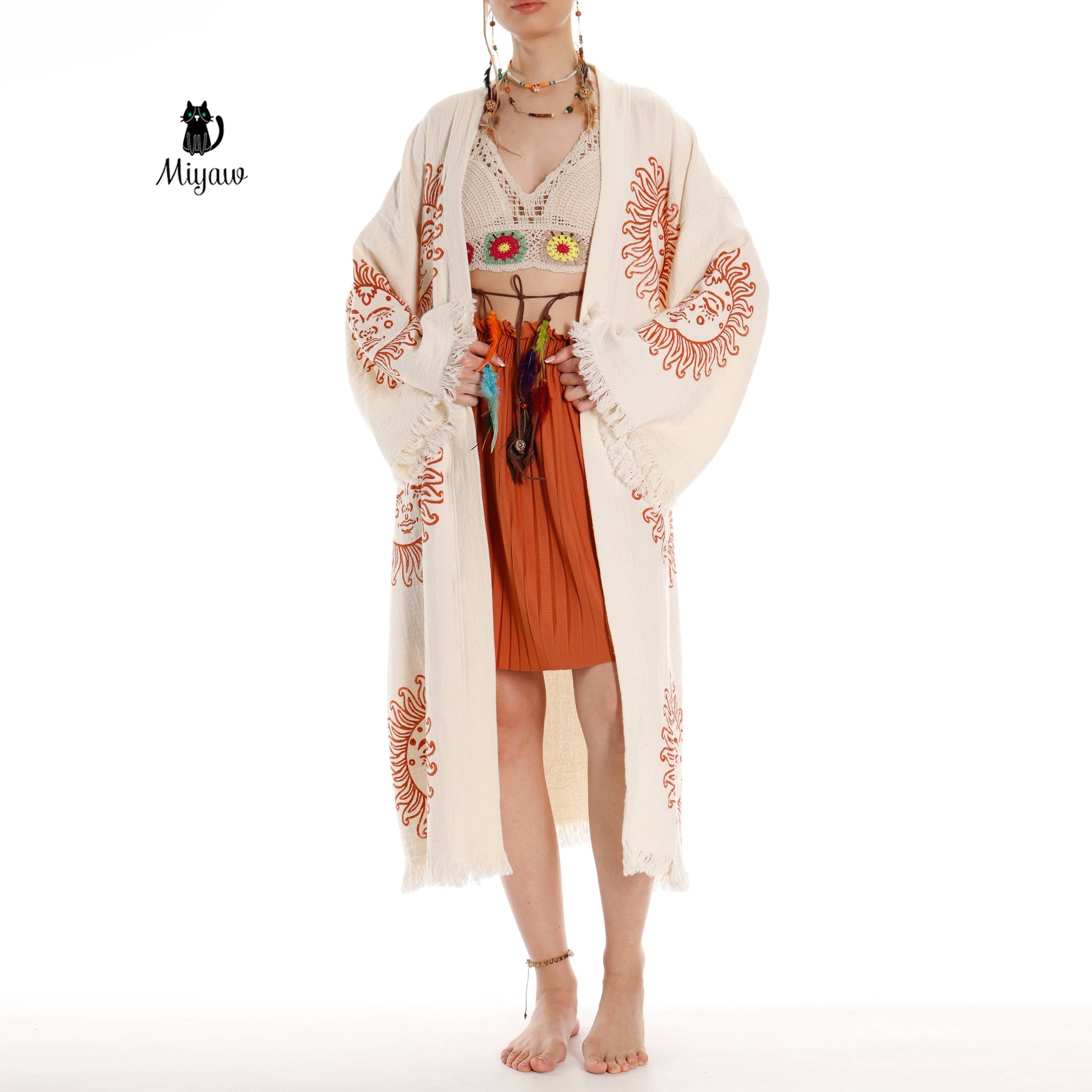 Unique Sun Stamped Robe: Eco-Friendly Organic Cotton Boho Kimono - Miyawfashion