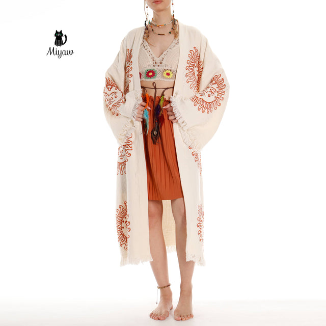 Unique Sun Stamped Robe: Eco-Friendly Organic Cotton Boho Kimono - Miyawfashion