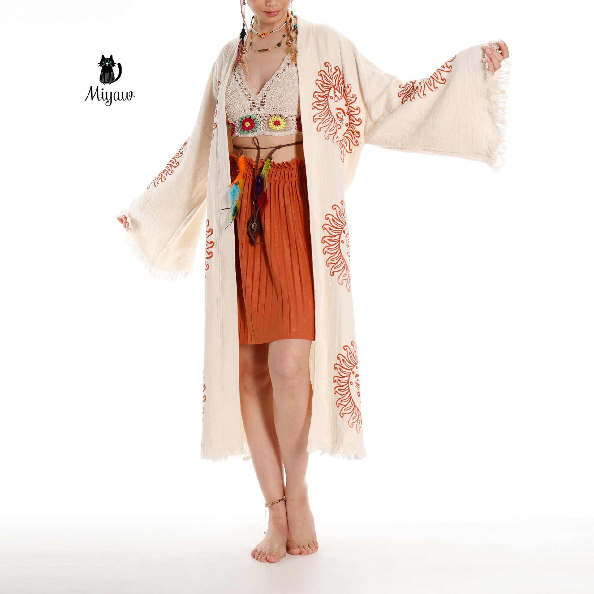 Unique Sun Stamped Robe: Eco-Friendly Organic Cotton Boho Kimono - Miyawfashion