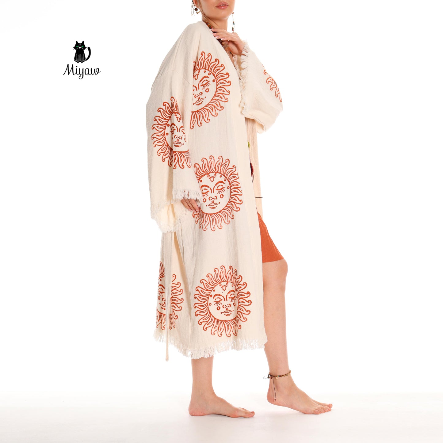 Unique Sun Stamped Robe: Eco-Friendly Organic Cotton Boho Kimono - Miyawfashion Miyawfashion