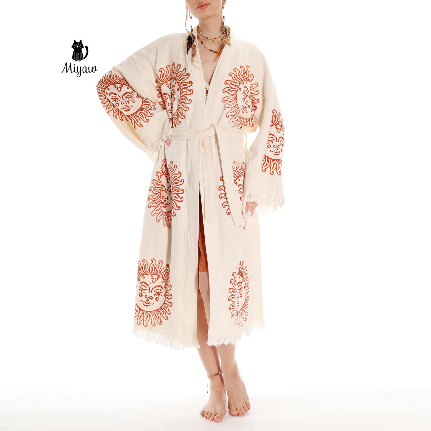 Unique Sun Stamped Robe: Eco-Friendly Organic Cotton Boho Kimono - Miyawfashion Miyawfashion