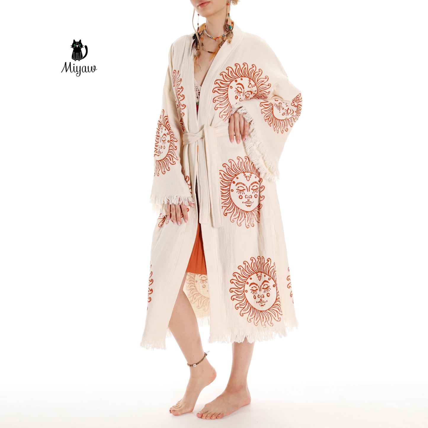 Unique Sun Stamped Robe: Eco-Friendly Organic Cotton Boho Kimono - Miyawfashion Miyawfashion