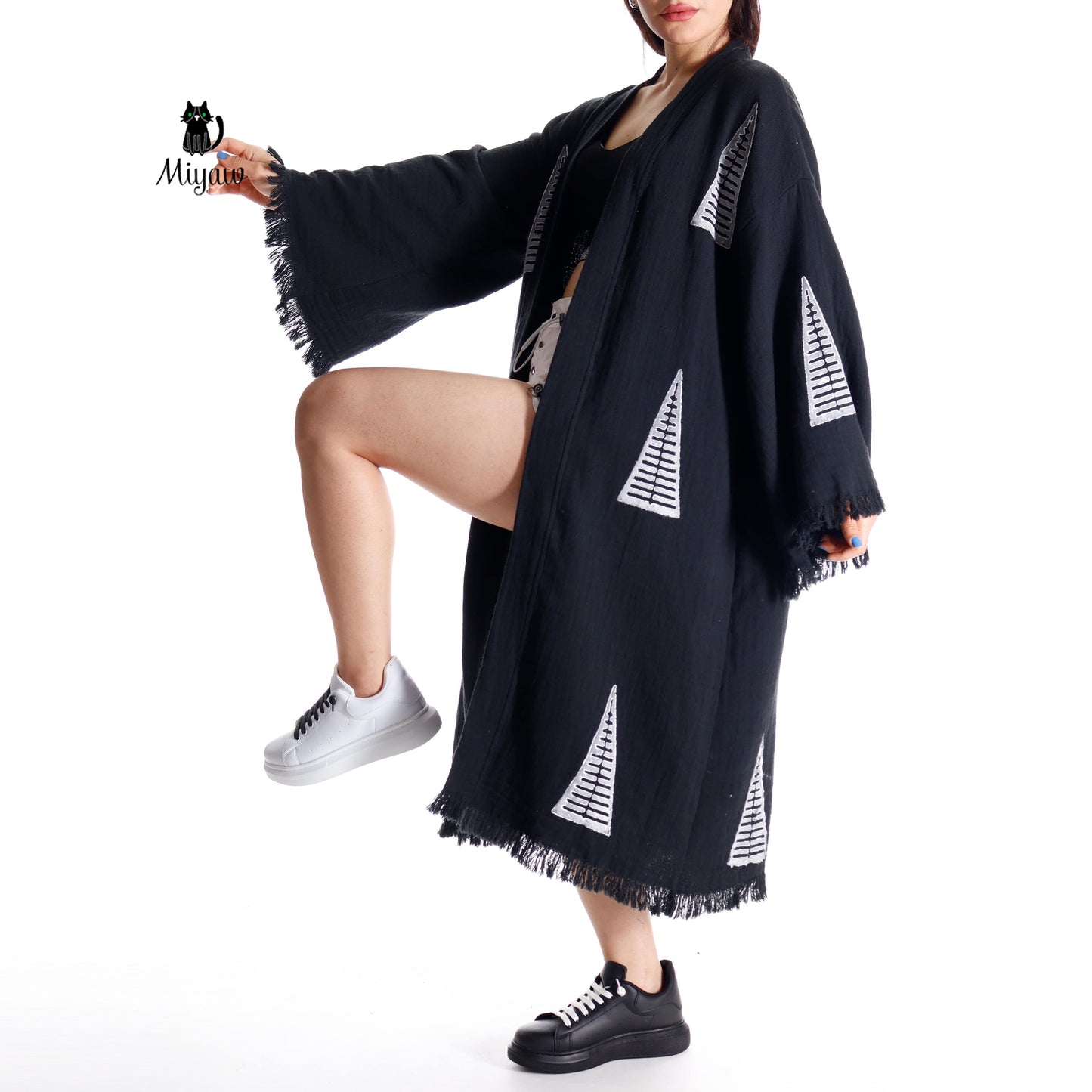 Boho Black White Pyramid Stamped Cotton Kimono Robe | Beach Cover-Up - Miyawfashion Miyawfashion