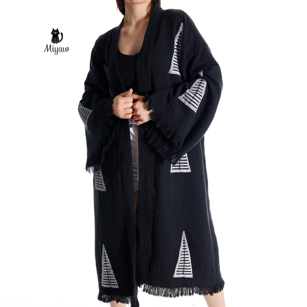 Boho Black White Pyramid Stamped Cotton Kimono Robe | Beach Cover-Up - Miyawfashion