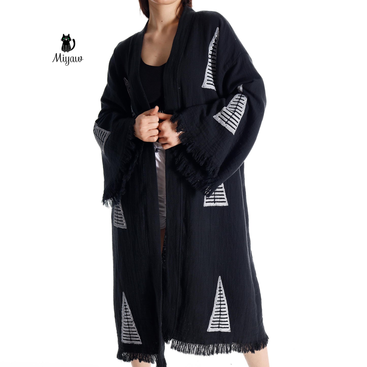 Boho Black White Pyramid Stamped Cotton Kimono Robe | Beach Cover-Up - Miyawfashion Miyawfashion