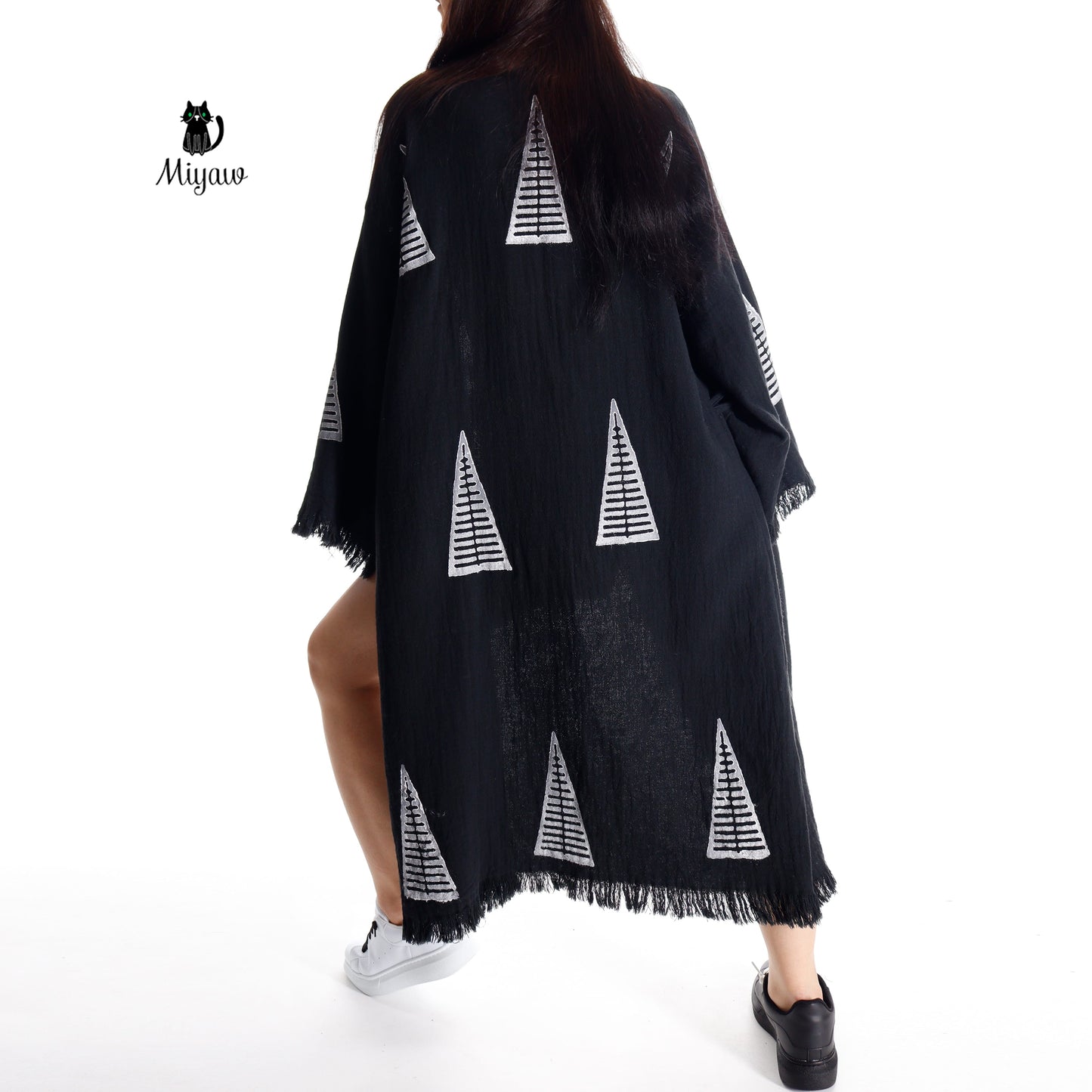 Boho Black White Pyramid Stamped Cotton Kimono Robe | Beach Cover-Up - Miyawfashion Miyawfashion