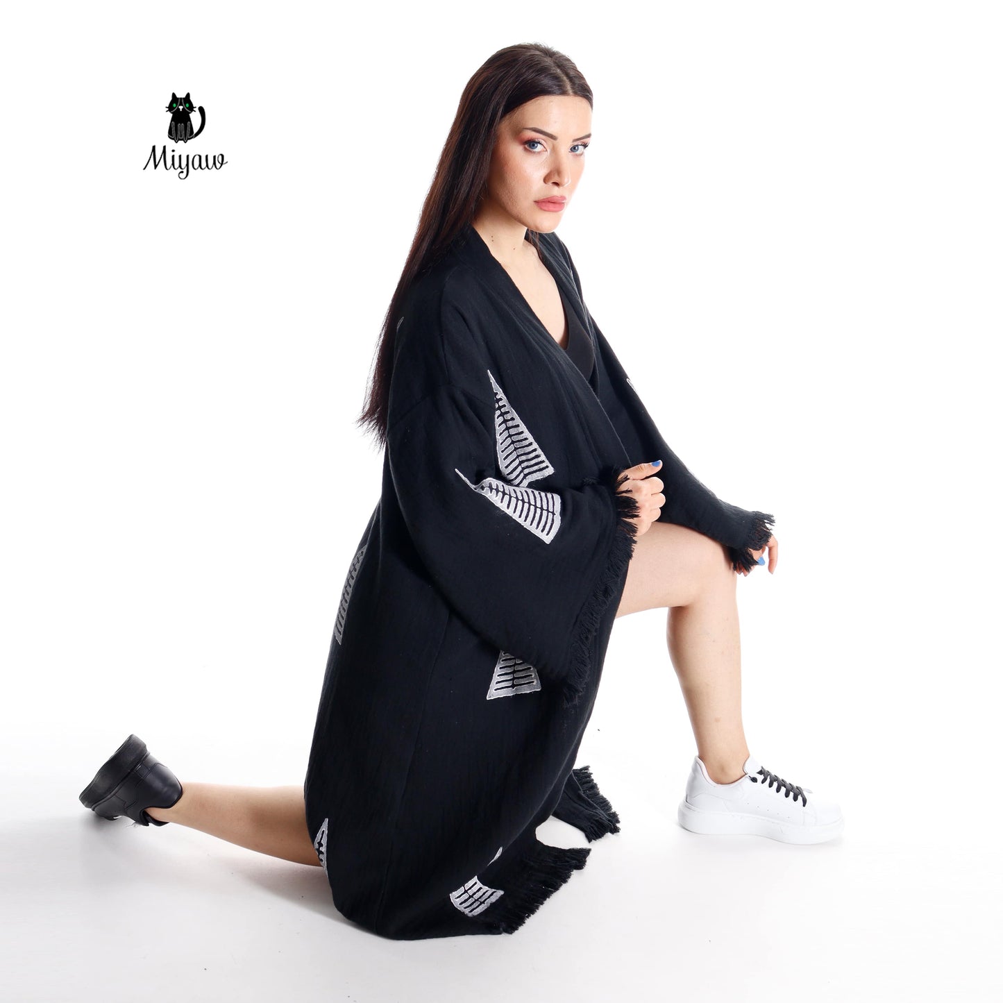 Boho Black White Pyramid Stamped Cotton Kimono Robe | Beach Cover-Up - Miyawfashion Miyawfashion