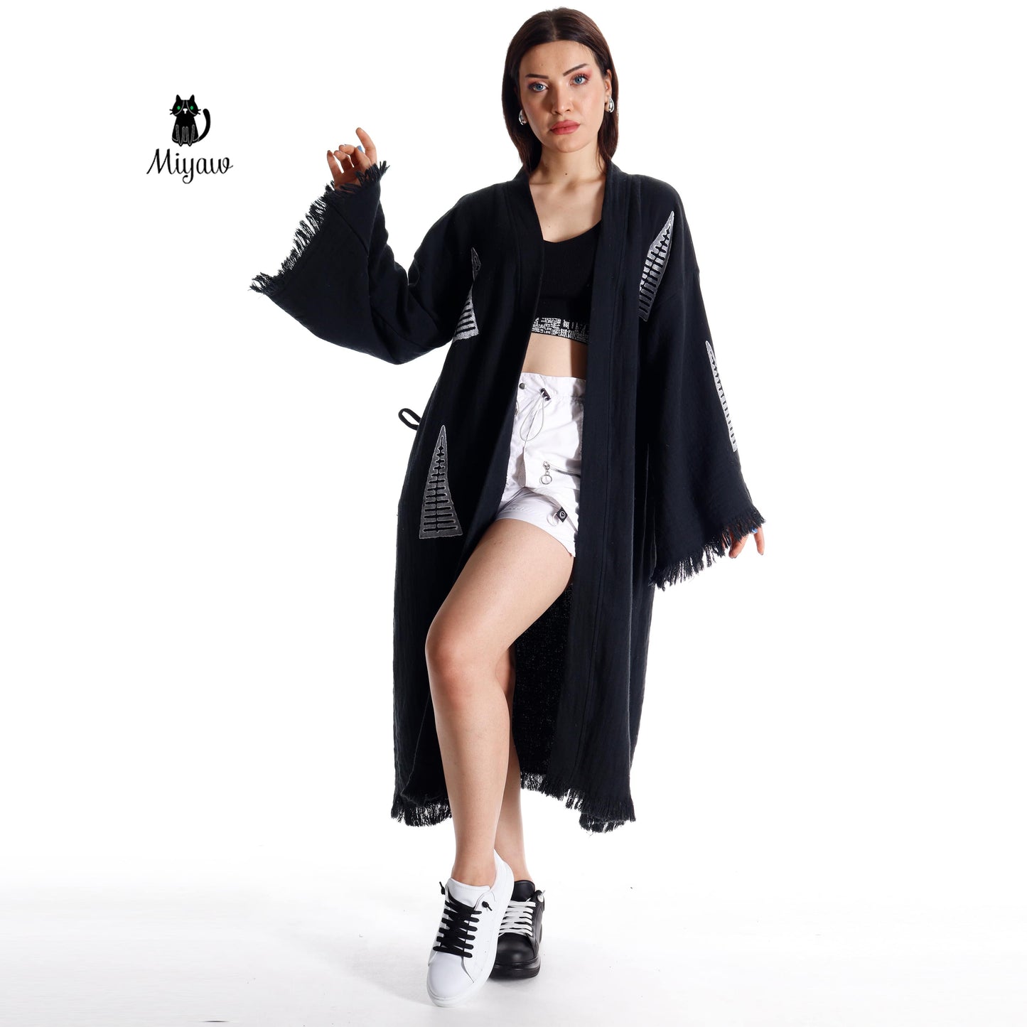 Boho Black White Pyramid Stamped Cotton Kimono Robe | Beach Cover-Up - Miyawfashion Miyawfashion