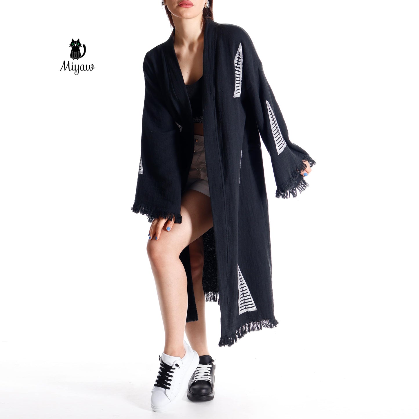 Boho Black White Pyramid Stamped Cotton Kimono Robe | Beach Cover-Up - Miyawfashion Miyawfashion