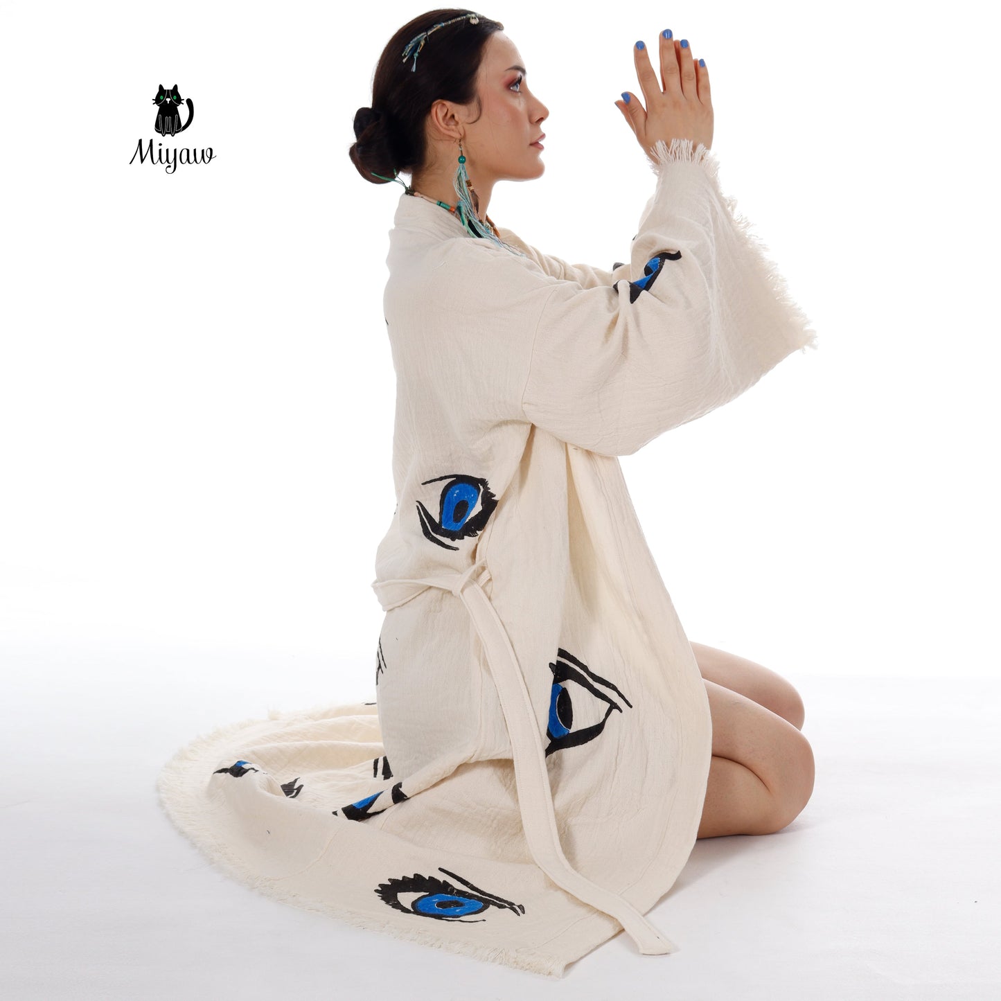 Organic Cotton Beach Kimono Robe with Handmade Blue Eye Stamp - Boho Chic Cover-Up - Miyawfashion Miyawfashion