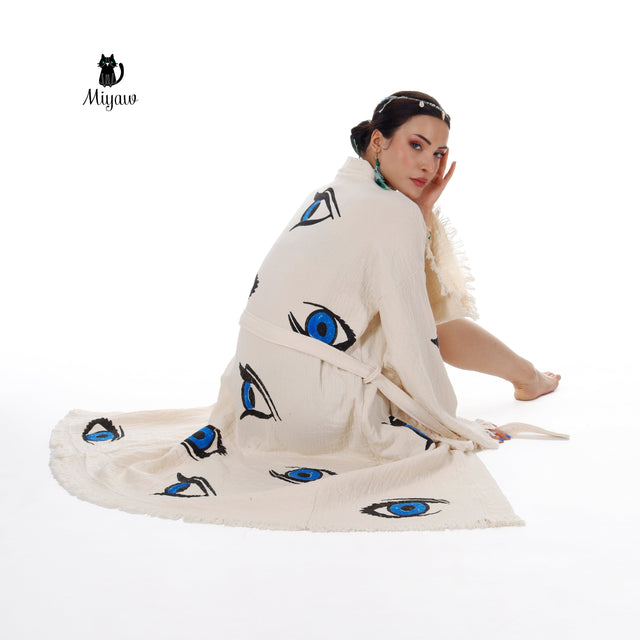 Organic Cotton Beach Kimono Robe with Handmade Blue Eye Stamp - Boho Chic Cover-Up - Miyawfashion