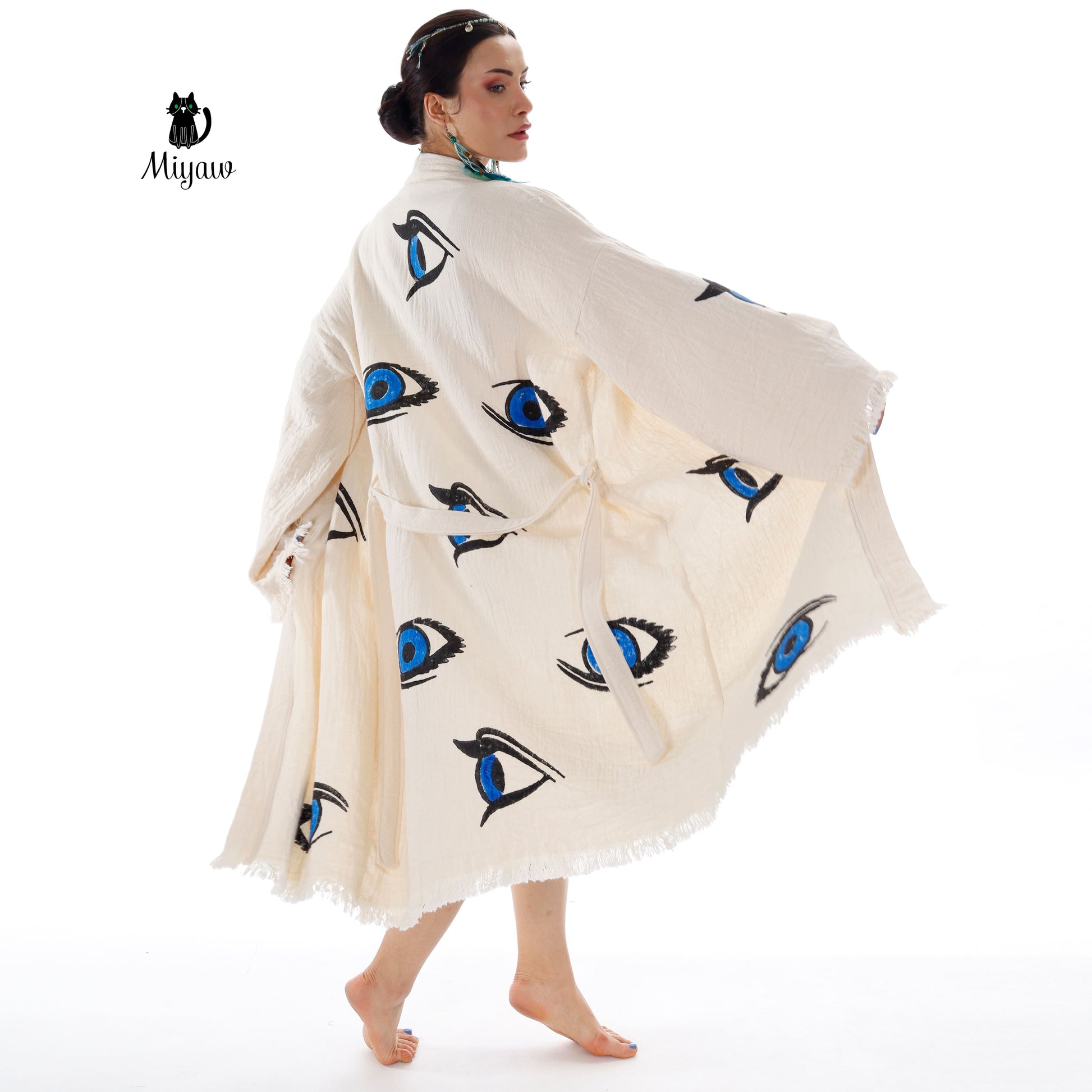 Organic Cotton Beach Kimono Robe with Handmade Blue Eye Stamp - Boho Chic Cover-Up - Miyawfashion