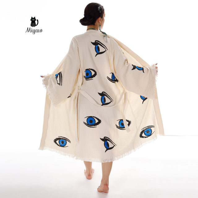 Organic Cotton Beach Kimono Robe with Handmade Blue Eye Stamp - Boho Chic Cover-Up - Miyawfashion