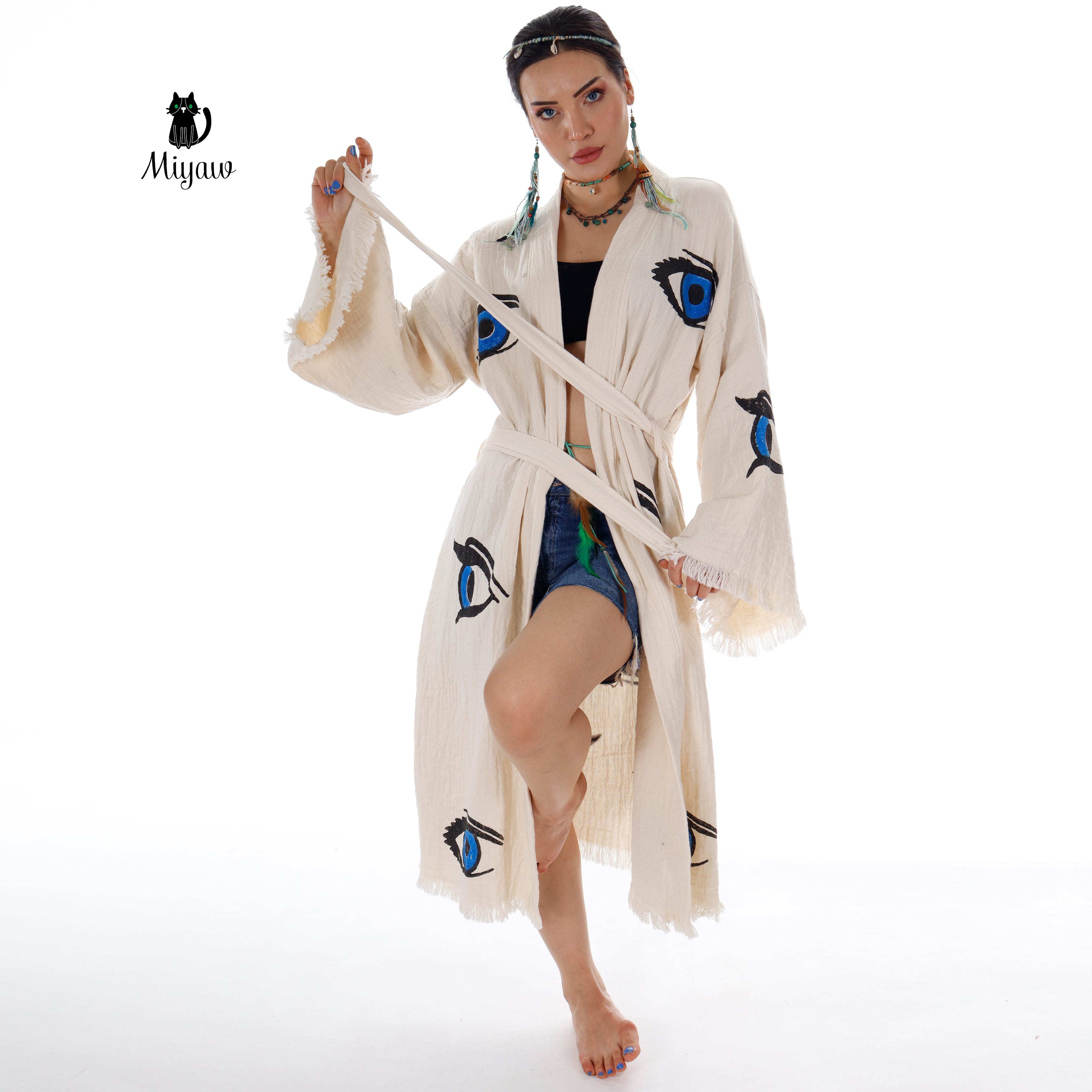 Organic Cotton Beach Kimono Robe with Handmade Blue Eye Stamp - Boho Chic Cover-Up - Miyawfashion