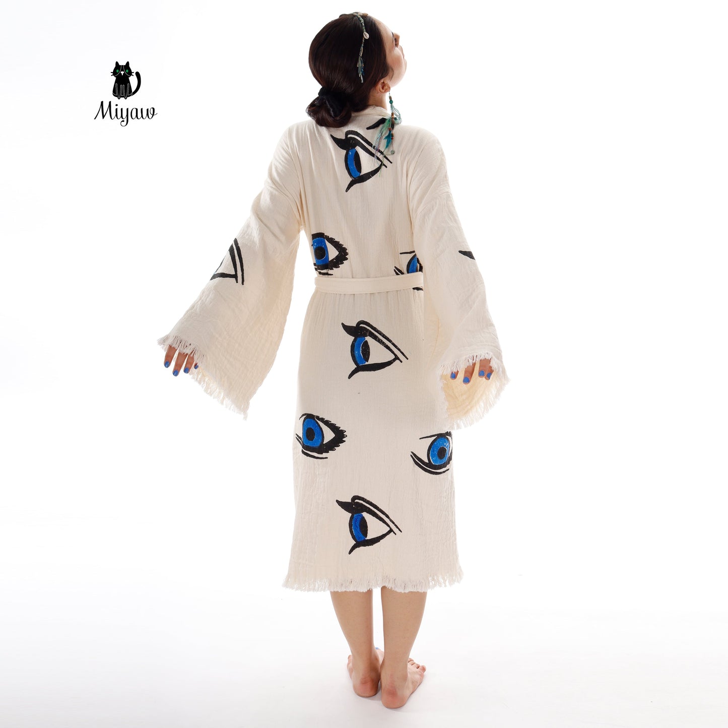 Organic Cotton Beach Kimono Robe with Handmade Blue Eye Stamp - Boho Chic Cover-Up - Miyawfashion Miyawfashion