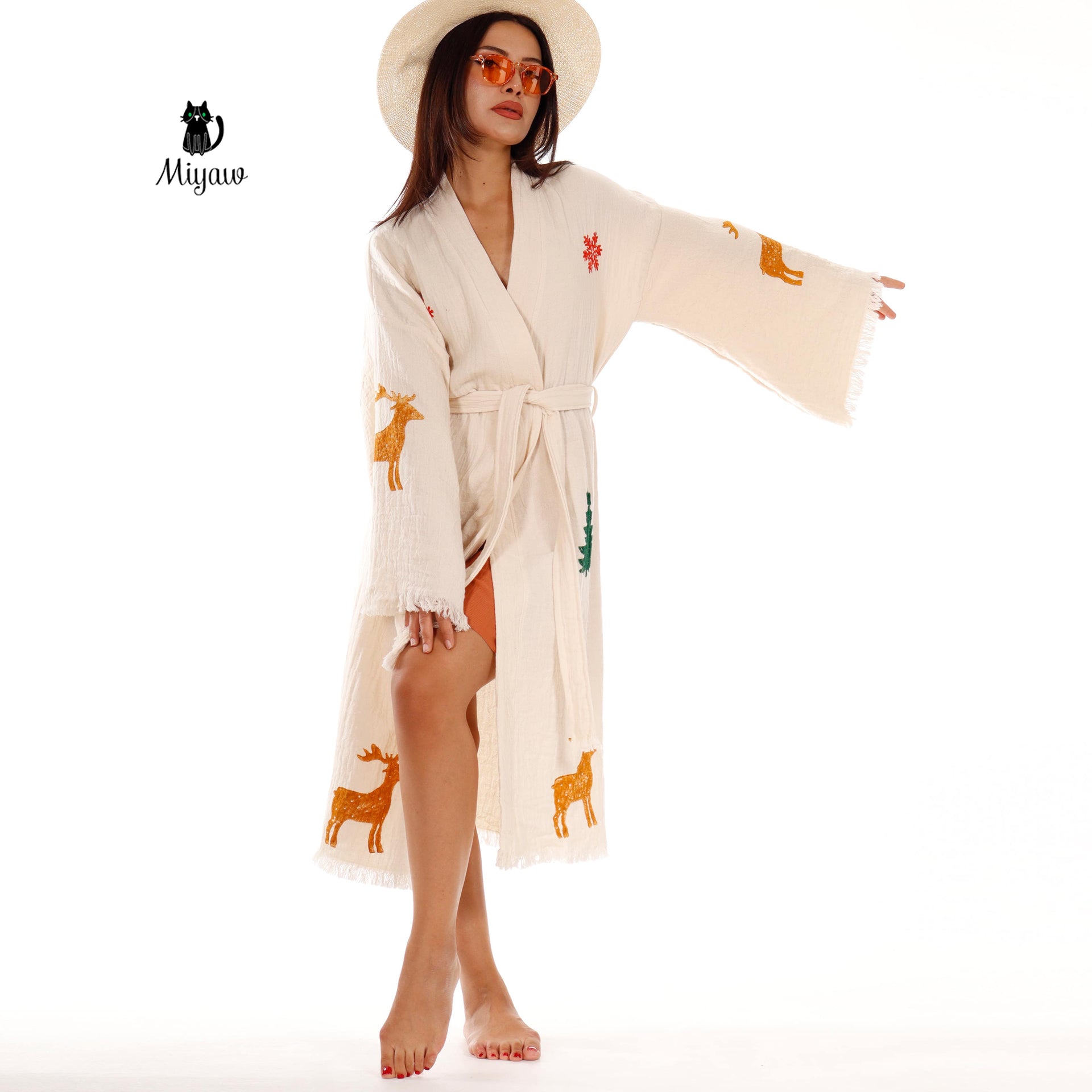 Festive Beach Kimono Robe - Santa Clause Handmade Print - Boho Chic Bathrobe for Holidays - Miyawfashion