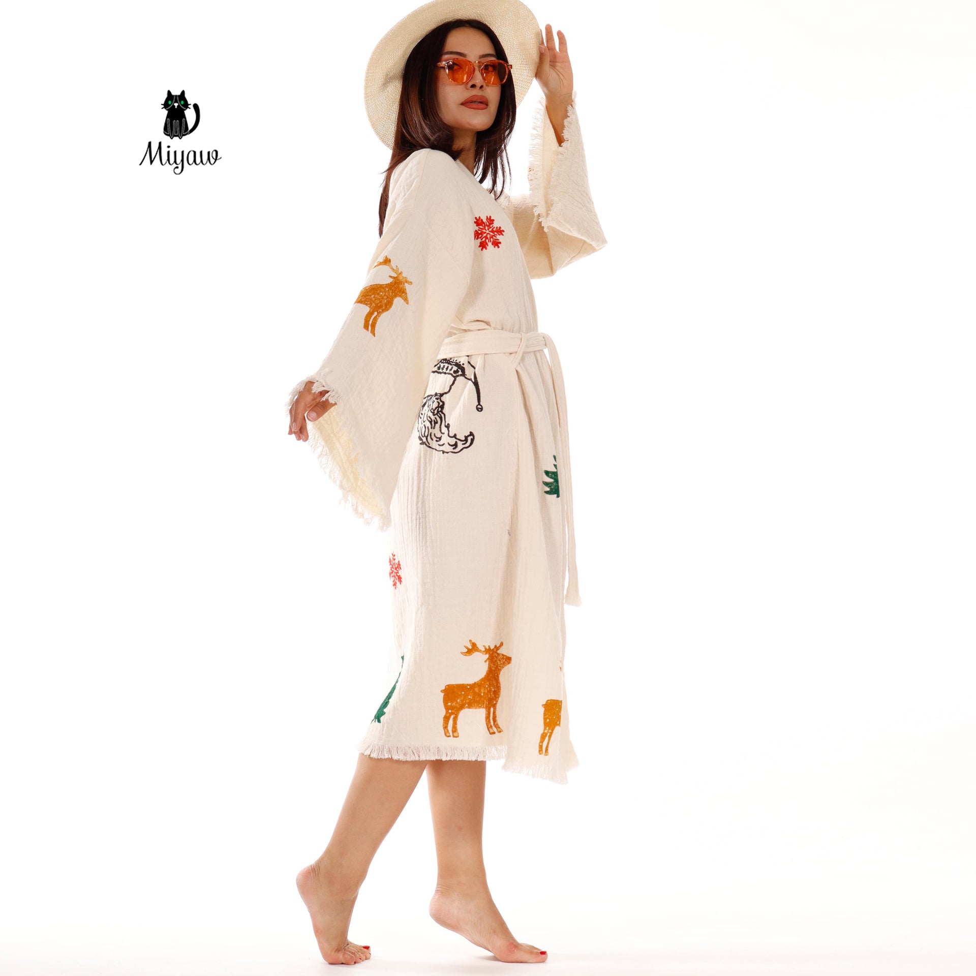 Festive Beach Kimono Robe - Santa Clause Handmade Print - Boho Chic Bathrobe for Holidays - Miyawfashion