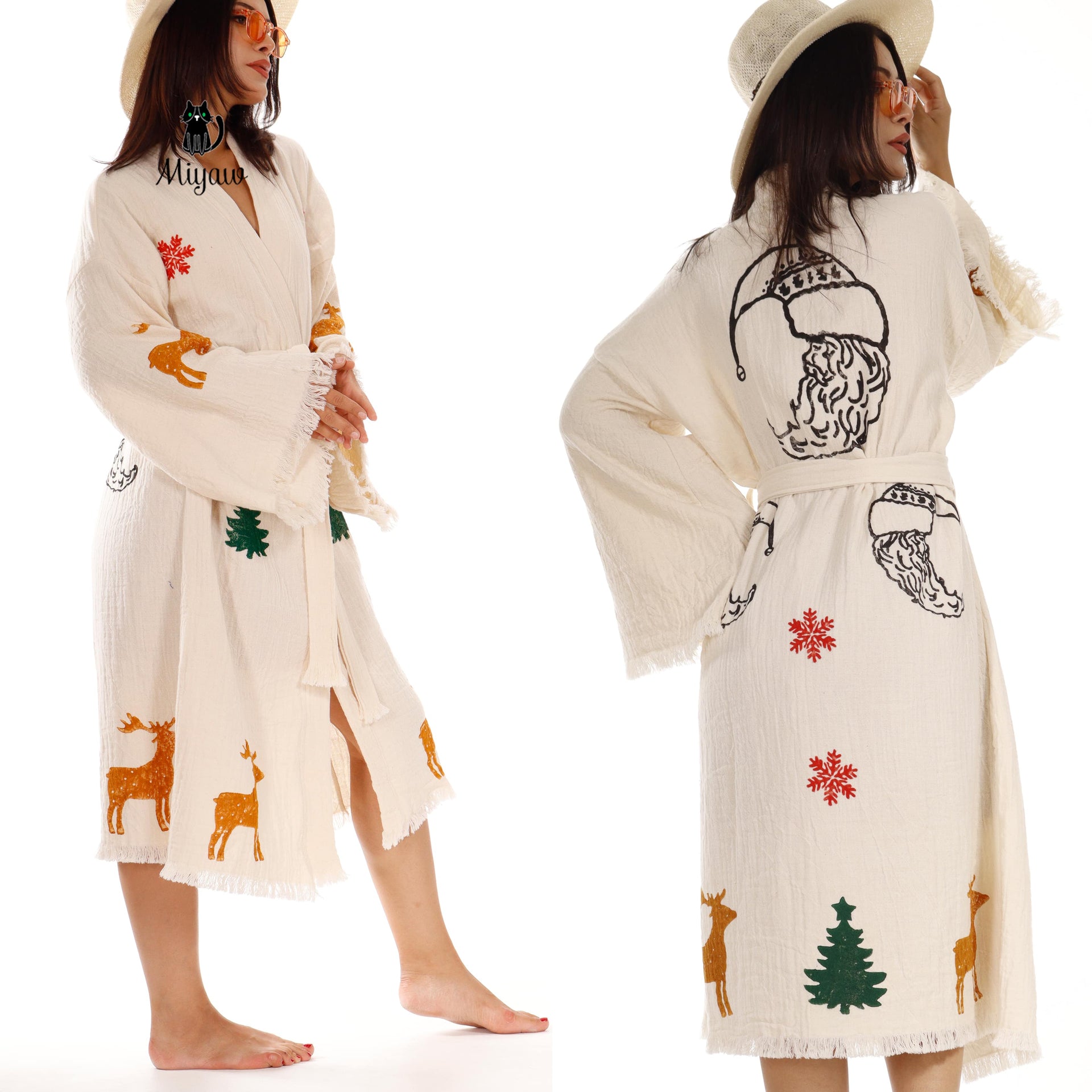 Festive Beach Kimono Robe - Santa Clause Handmade Print - Boho Chic Bathrobe for Holidays - Miyawfashion