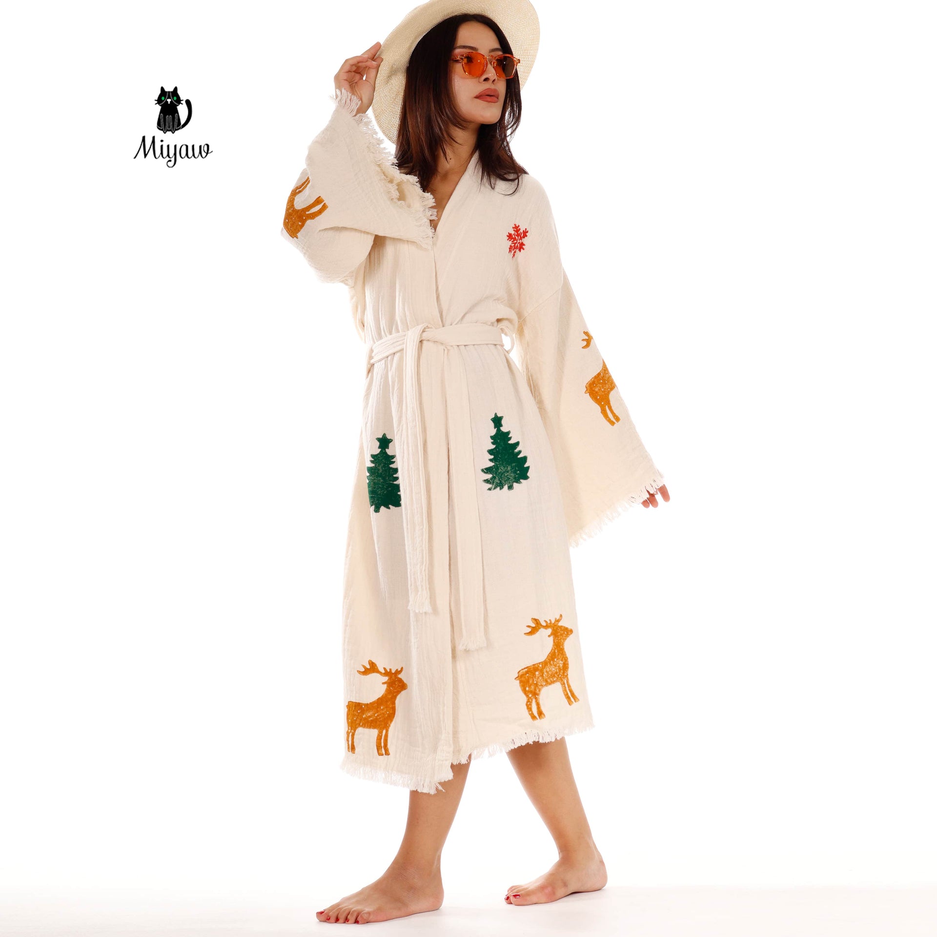 Festive Beach Kimono Robe - Santa Clause Handmade Print - Boho Chic Bathrobe for Holidays - Miyawfashion