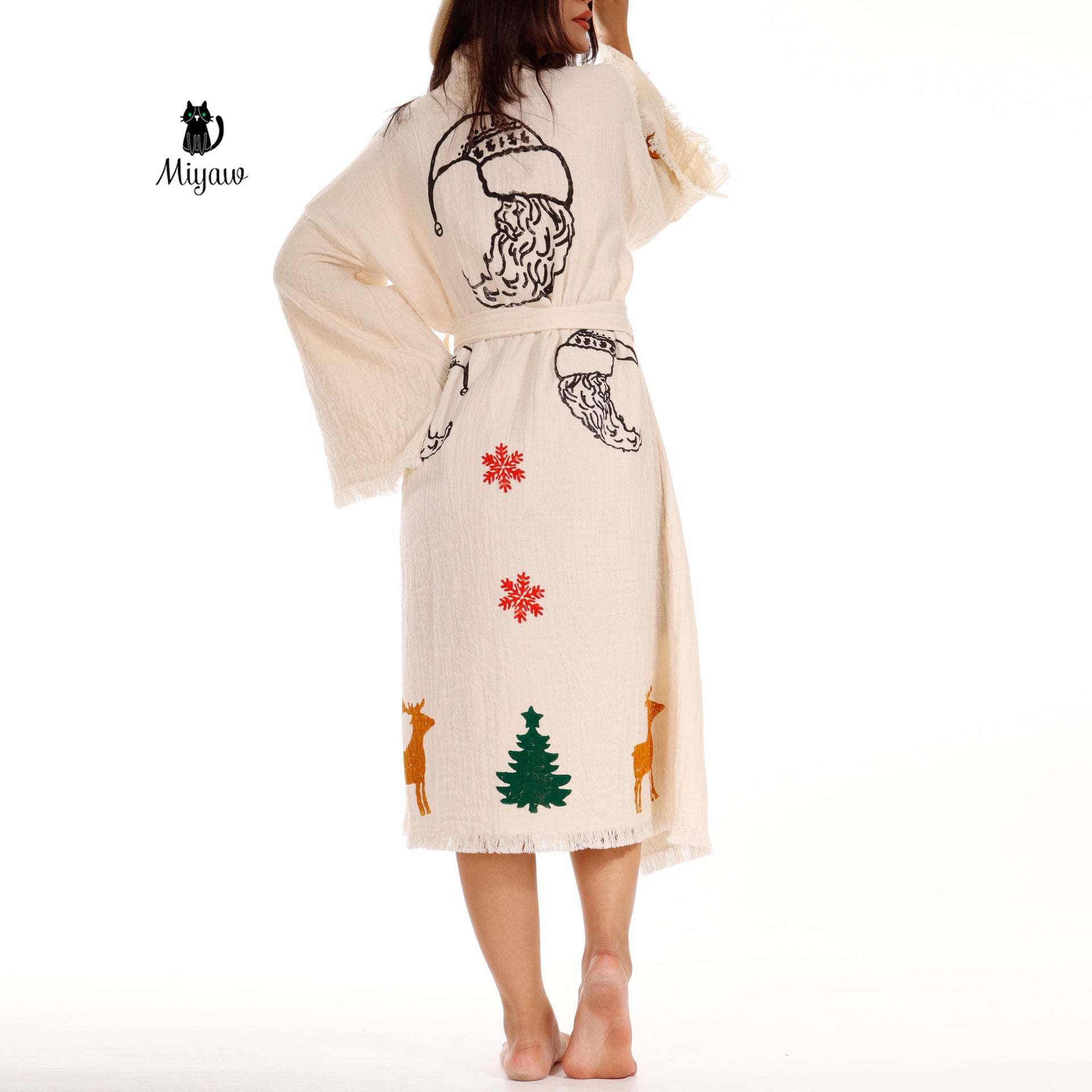 Festive Beach Kimono Robe - Santa Clause Handmade Print - Boho Chic Bathrobe for Holidays - Miyawfashion