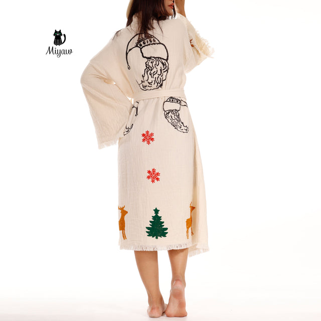 Festive Beach Kimono Robe - Santa Clause Handmade Print - Boho Chic Bathrobe for Holidays - Miyawfashion