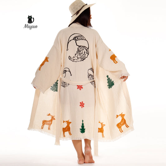 Festive Beach Kimono Robe - Santa Clause Handmade Print - Boho Chic Bathrobe for Holidays Miyawfashion