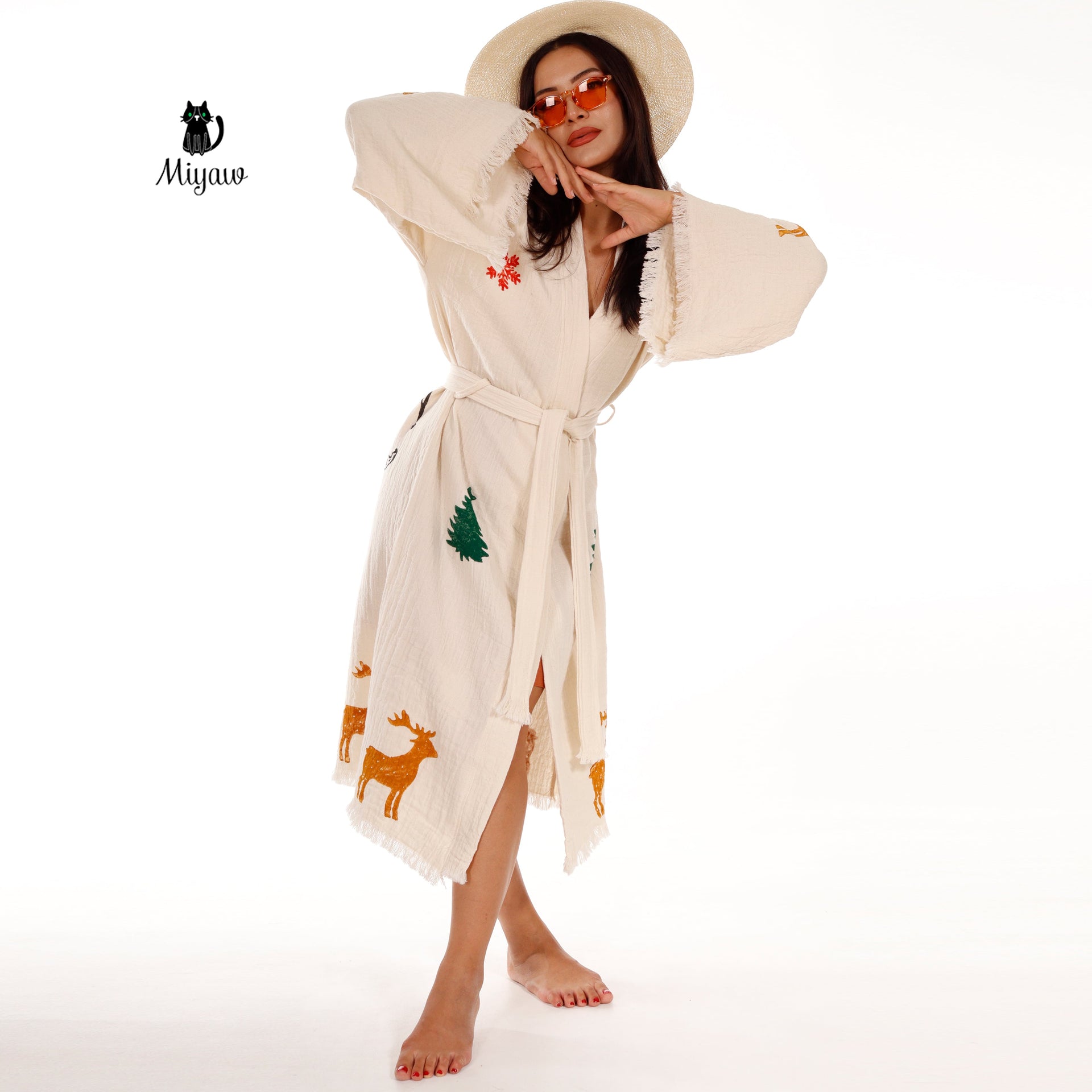 Festive Beach Kimono Robe - Santa Clause Handmade Print - Boho Chic Bathrobe for Holidays - Miyawfashion