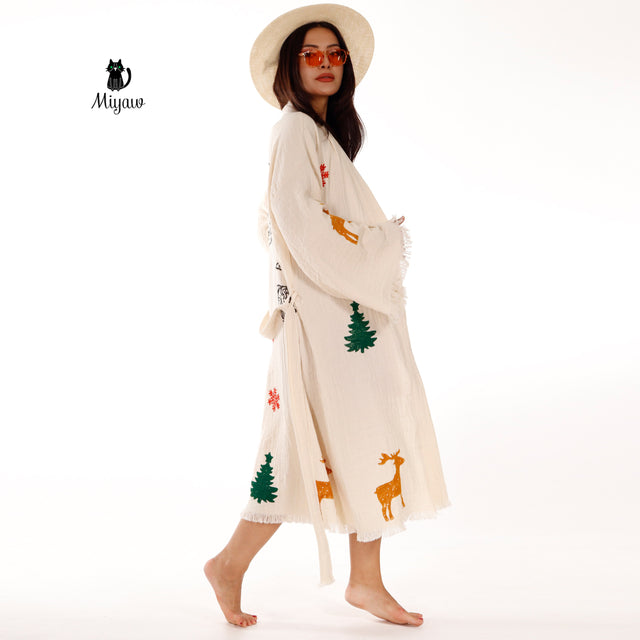 Festive Beach Kimono Robe - Santa Clause Handmade Print - Boho Chic Bathrobe for Holidays - Miyawfashion
