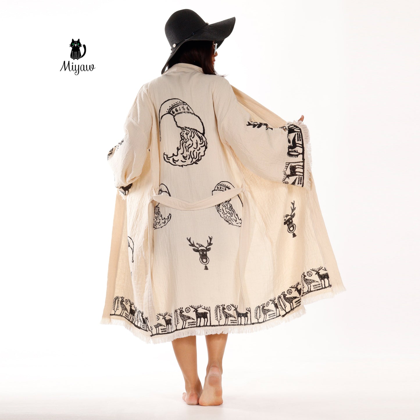 Handmade Santa Clause Print Beach Kimono Robe - Boho Christmas Tree Stamp - Unique Gift Idea - Miyawfashion Miyawfashion