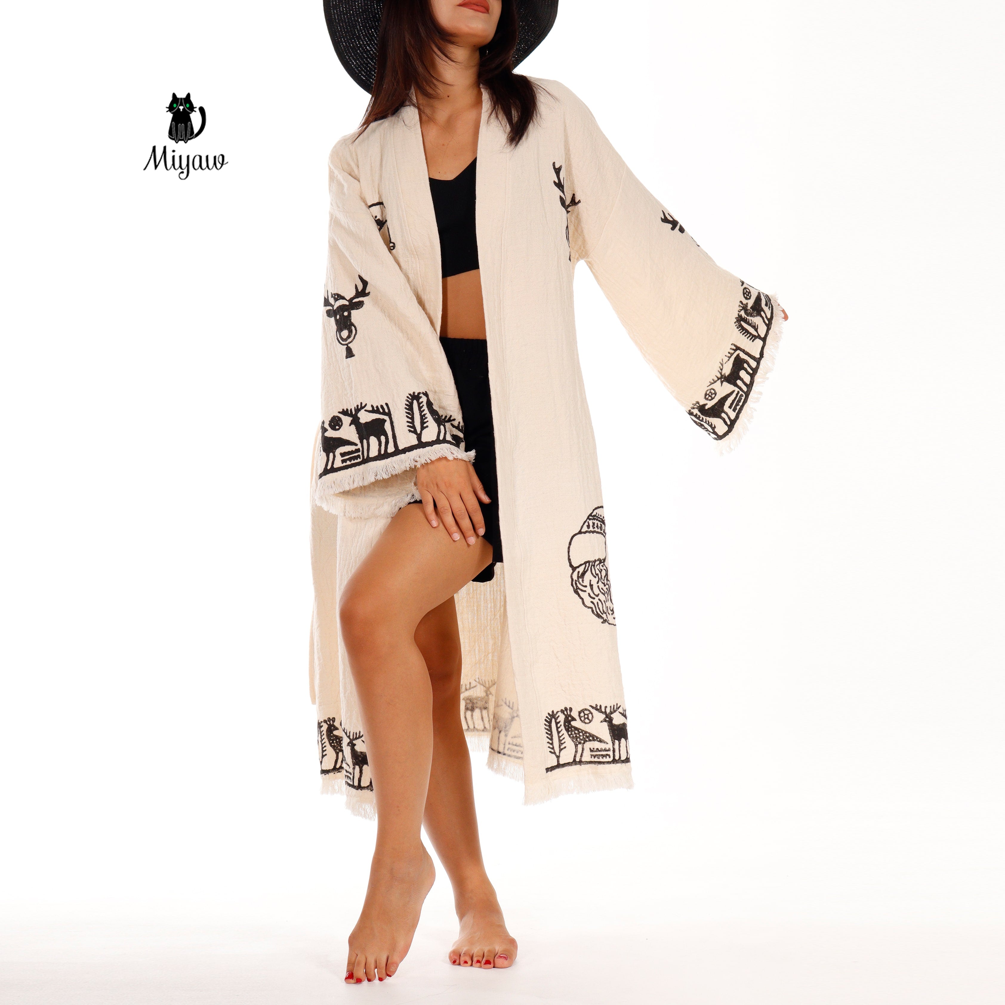 Handmade Santa Clause Print Beach Kimono Robe - Boho Christmas Tree Stamp - Unique Gift Idea - Miyawfashion