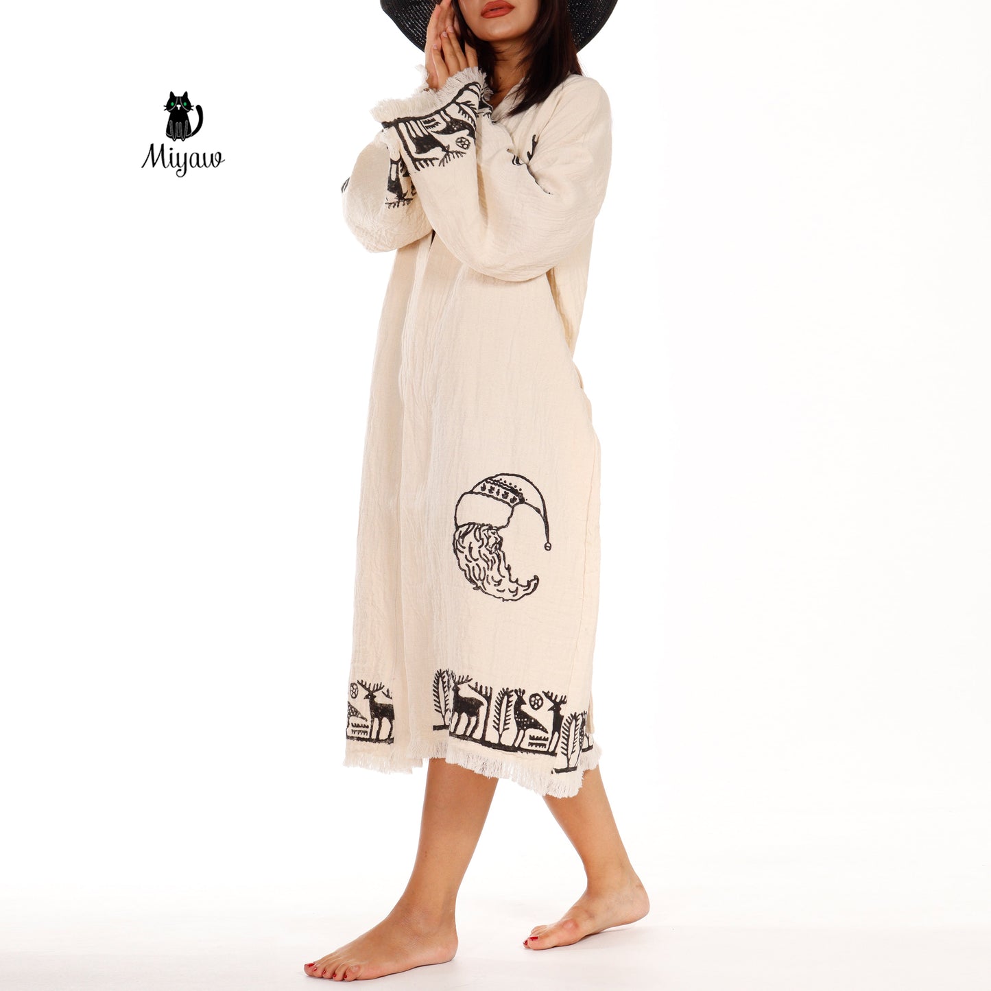 Handmade Santa Clause Print Beach Kimono Robe - Boho Christmas Tree Stamp - Unique Gift Idea - Miyawfashion Miyawfashion