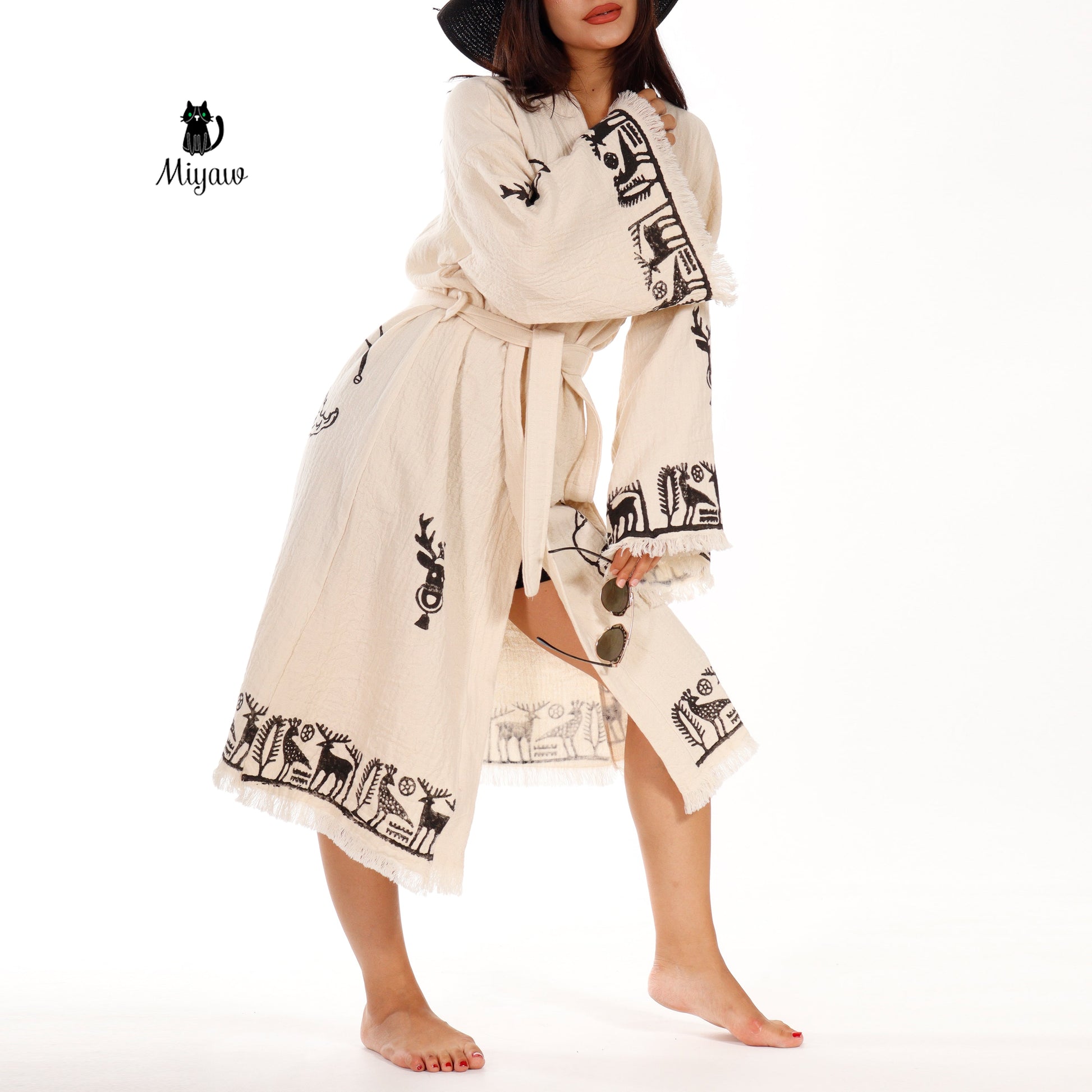 Handmade Santa Clause Print Beach Kimono Robe - Boho Christmas Tree Stamp - Unique Gift Idea - Miyawfashion