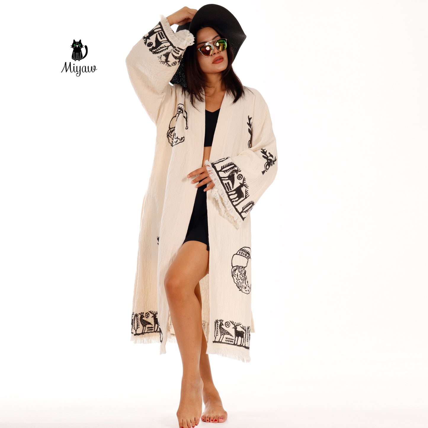 Handmade Santa Clause Print Beach Kimono Robe - Boho Christmas Tree Stamp - Unique Gift Idea - Miyawfashion Miyawfashion