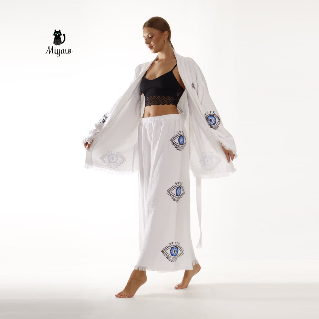 Handcrafted Cotton Set: Bohemian Jacket and Pants Outfit - Miyawfashion