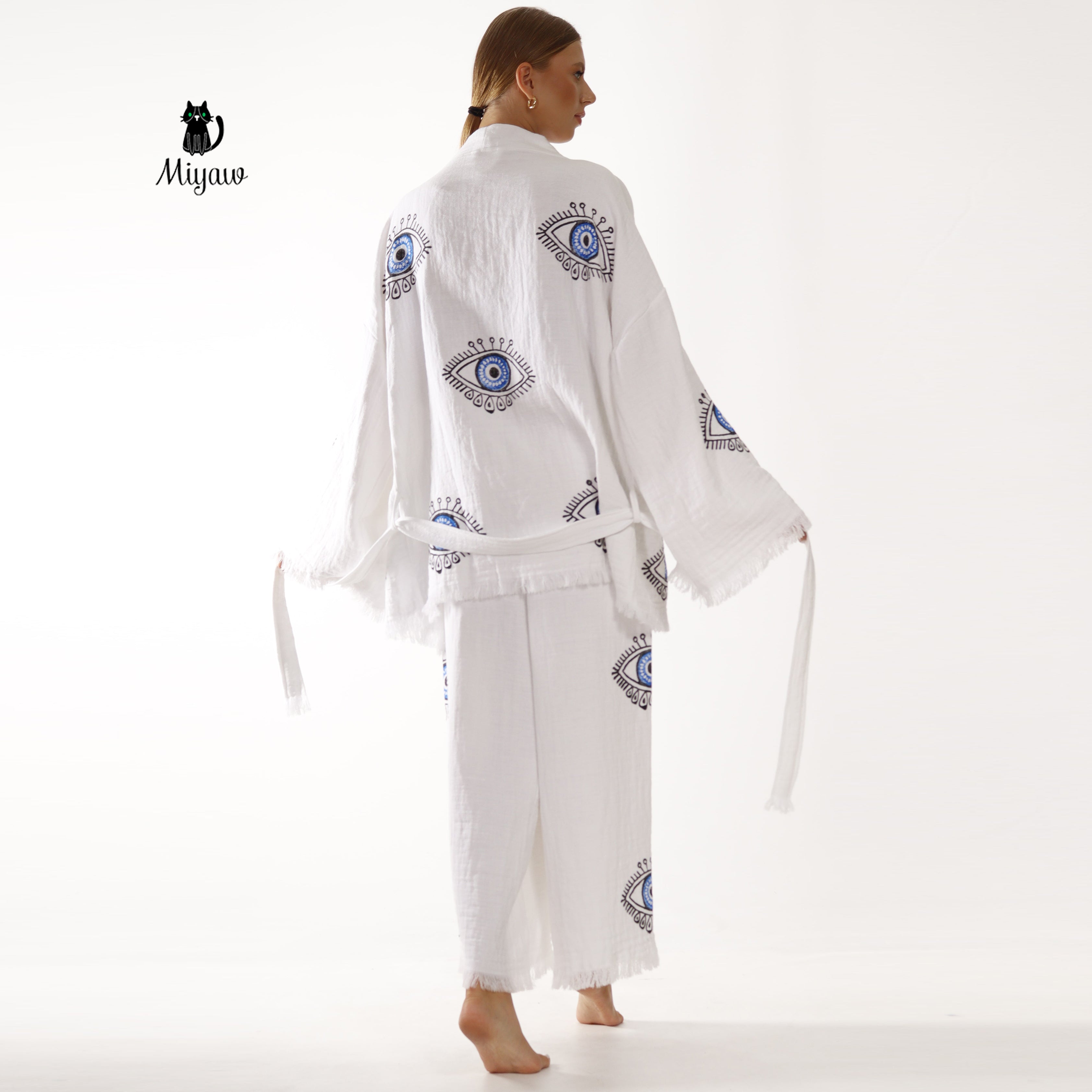 Handcrafted Cotton Set: Bohemian Jacket and Pants Outfit - Miyawfashion