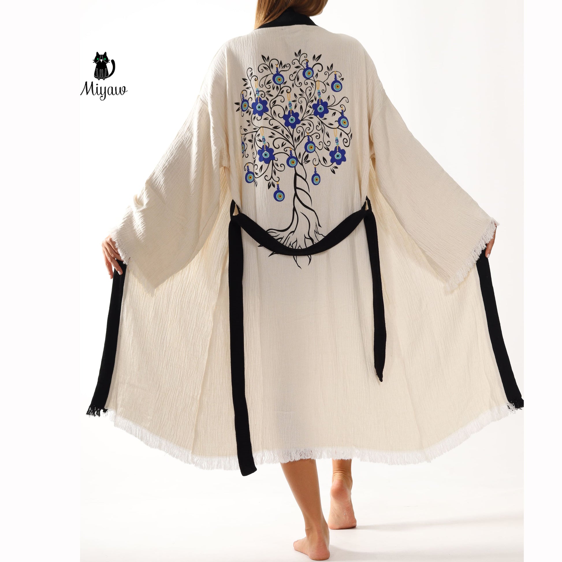 White Cotton Kimono Bathrobe with Boho Tree Print - Miyawfashion