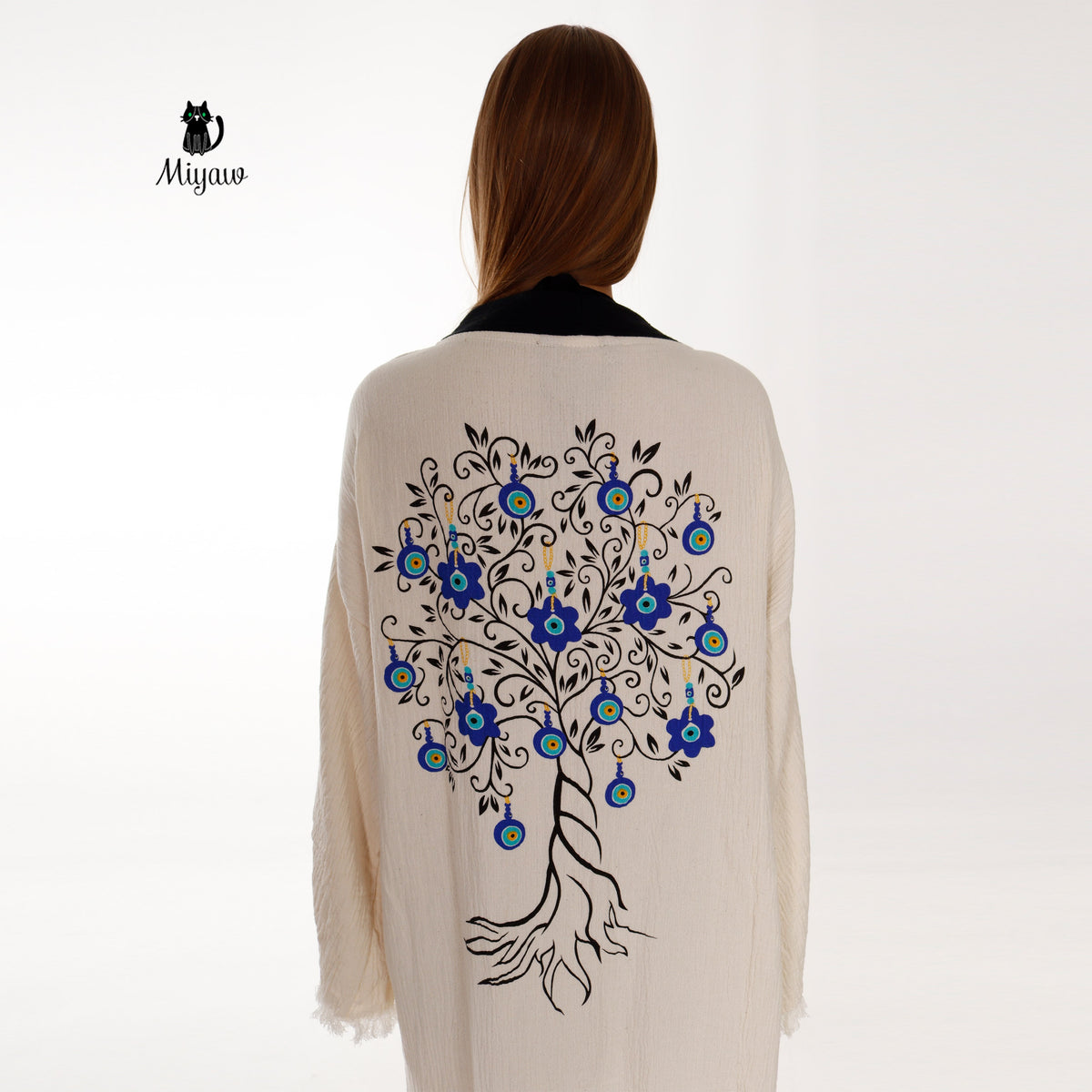 White Cotton Kimono Bathrobe with Boho Tree Print - Miyawfashion
