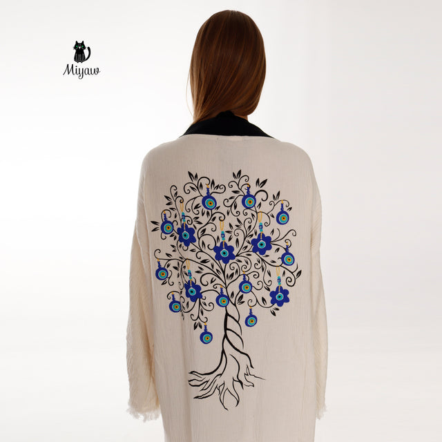 White Cotton Kimono Bathrobe with Boho Tree Print - Miyawfashion