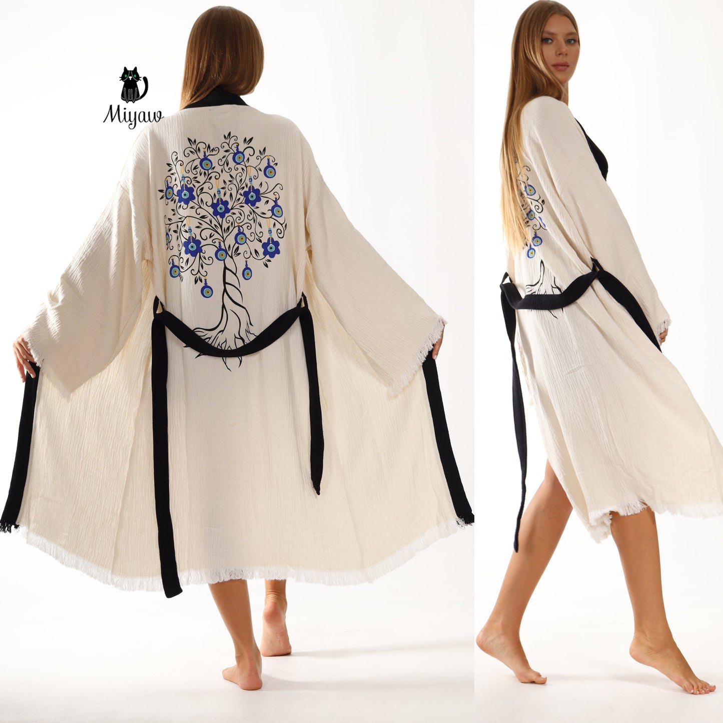 White Cotton Kimono Bathrobe with Boho Tree Print - Miyawfashion Miyawfashion