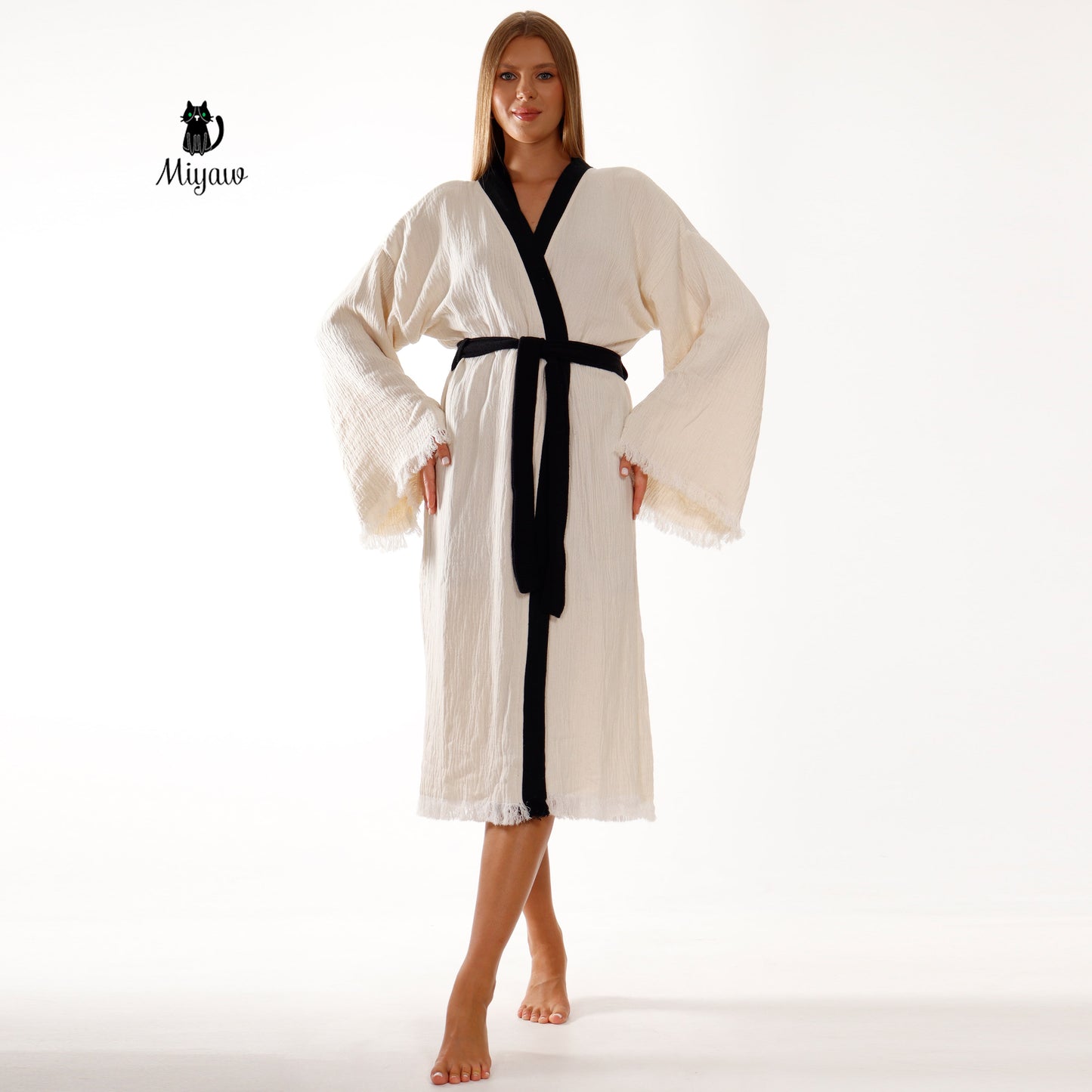 White Cotton Kimono Bathrobe with Boho Tree Print - Miyawfashion Miyawfashion