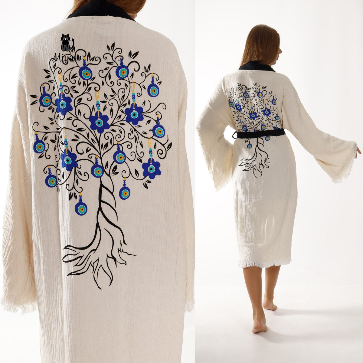 White Cotton Kimono Bathrobe with Boho Tree Print - Miyawfashion