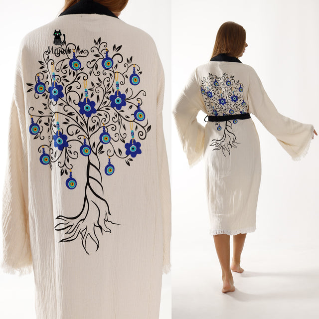 White Cotton Kimono Bathrobe with Boho Tree Print - Miyawfashion