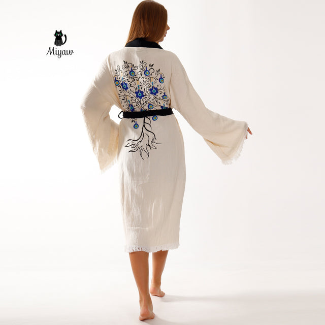 White Cotton Kimono Bathrobe with Boho Tree Print - Miyawfashion